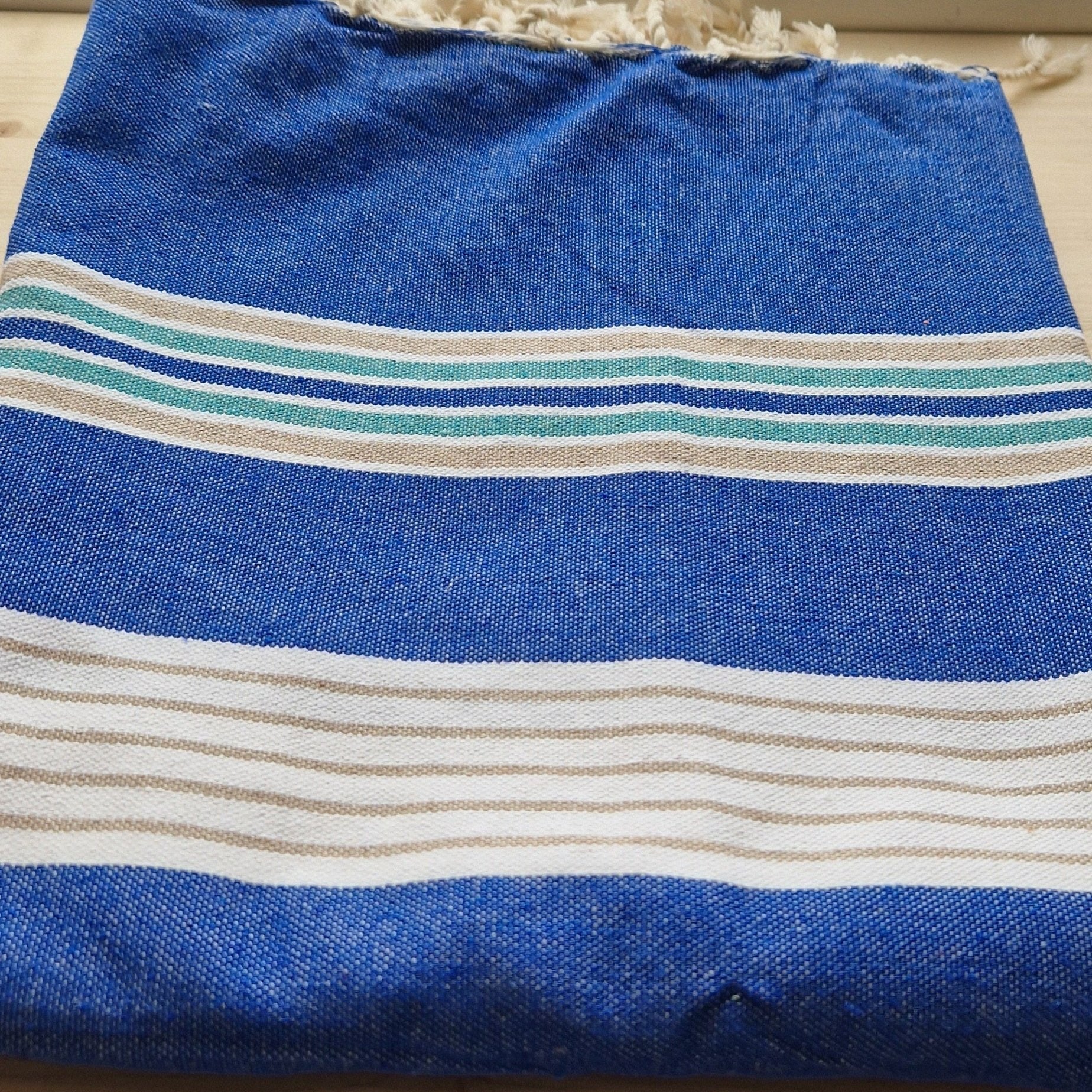 Fouta Towel In Blue Stripe with Beige and White