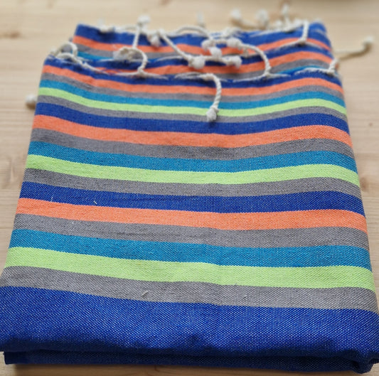 Foutas / cotton large scarf. Blue with Neon Stripe