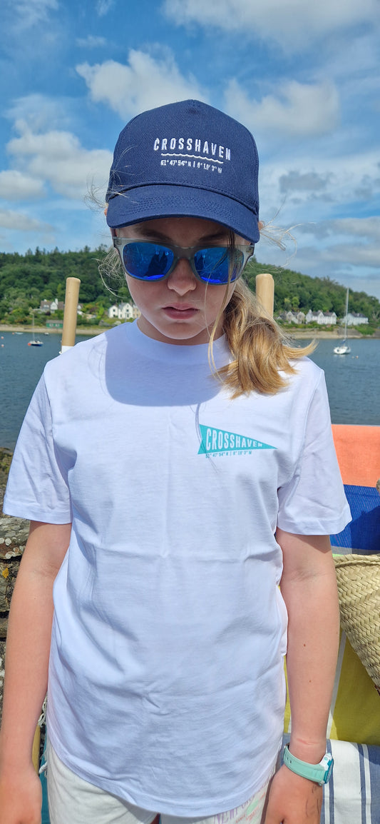 Crosshaven t shirt adults. White with Aqua Writing. Unisex Fit