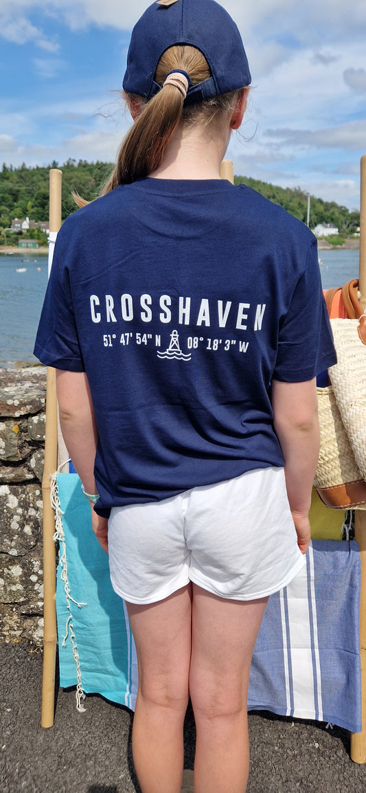 Crosshaven T Shirt. Childrens. Navy with White logo.