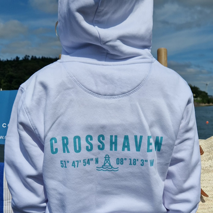 Crosshaven Childrens Hoodie. White and Aqua