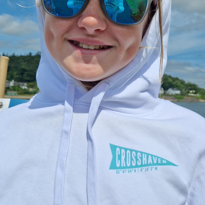 Crosshaven Childrens Hoodie. White and Aqua