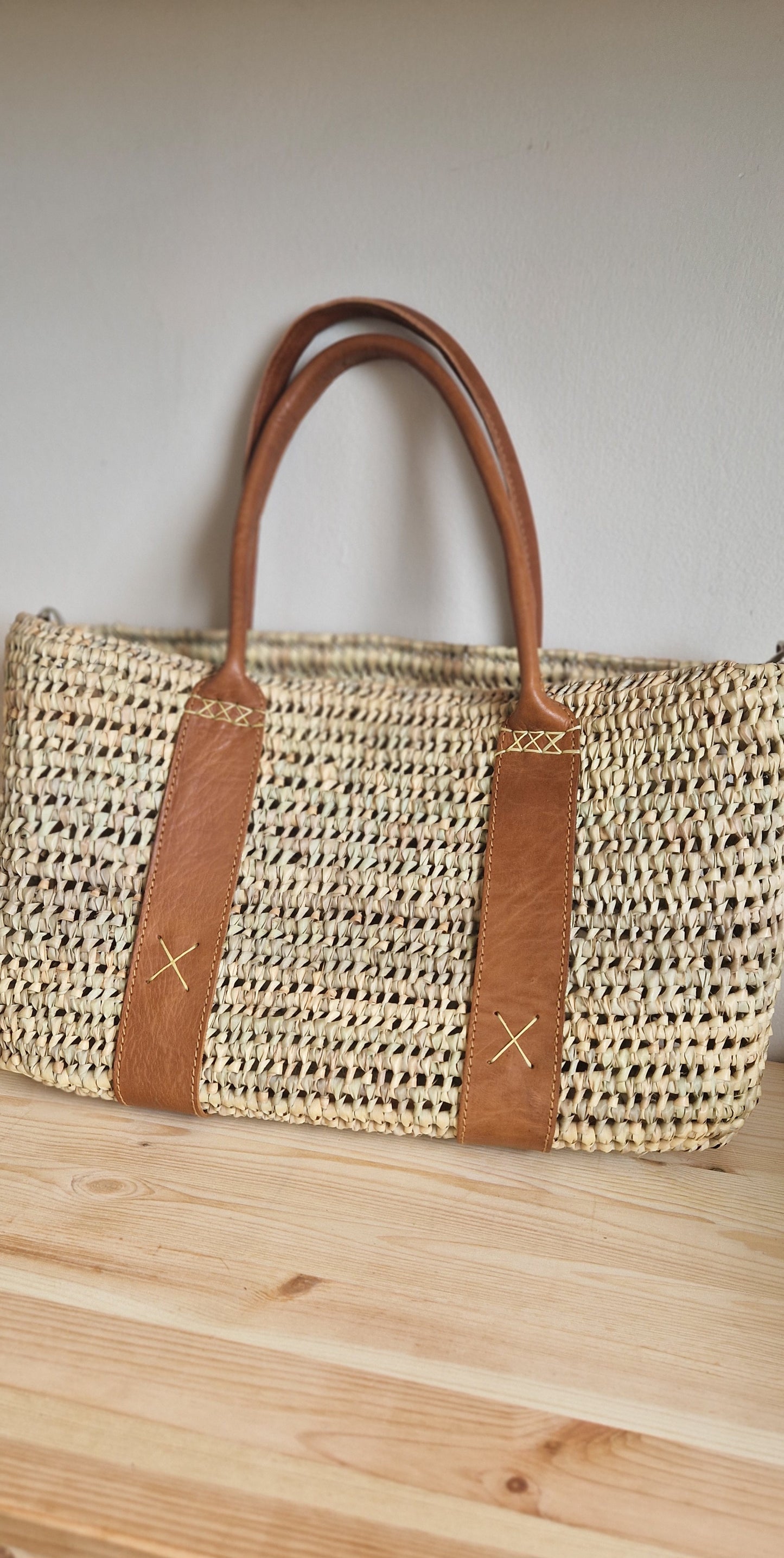 Palm and Leather Basket 44 x 20 x 44cm