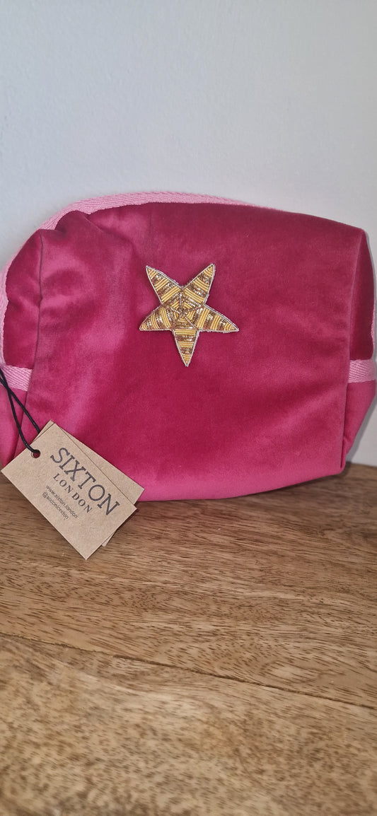 Sixton London Fuchsia make-up bag & gold star pin - recycled velvet