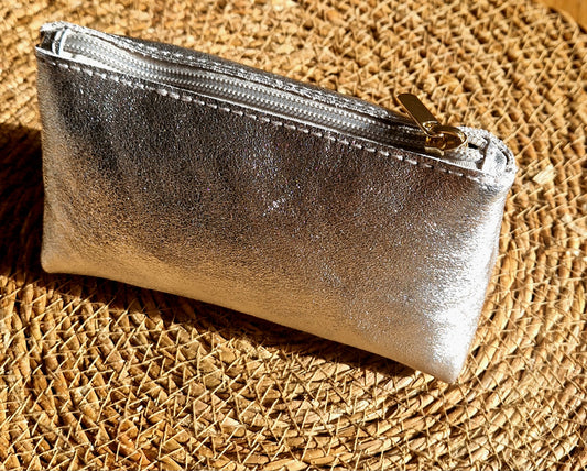 Iridescent Silver Real Leather make up bag