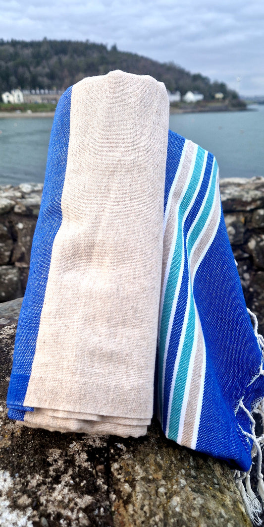 Fouta Towel In Blue Stripe with Beige and White