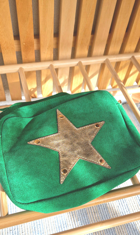 Green Suede, Crossbody Bag with Gold Leather Star motif