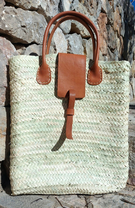 Square Palm and Leather Basket 37 x 37cm