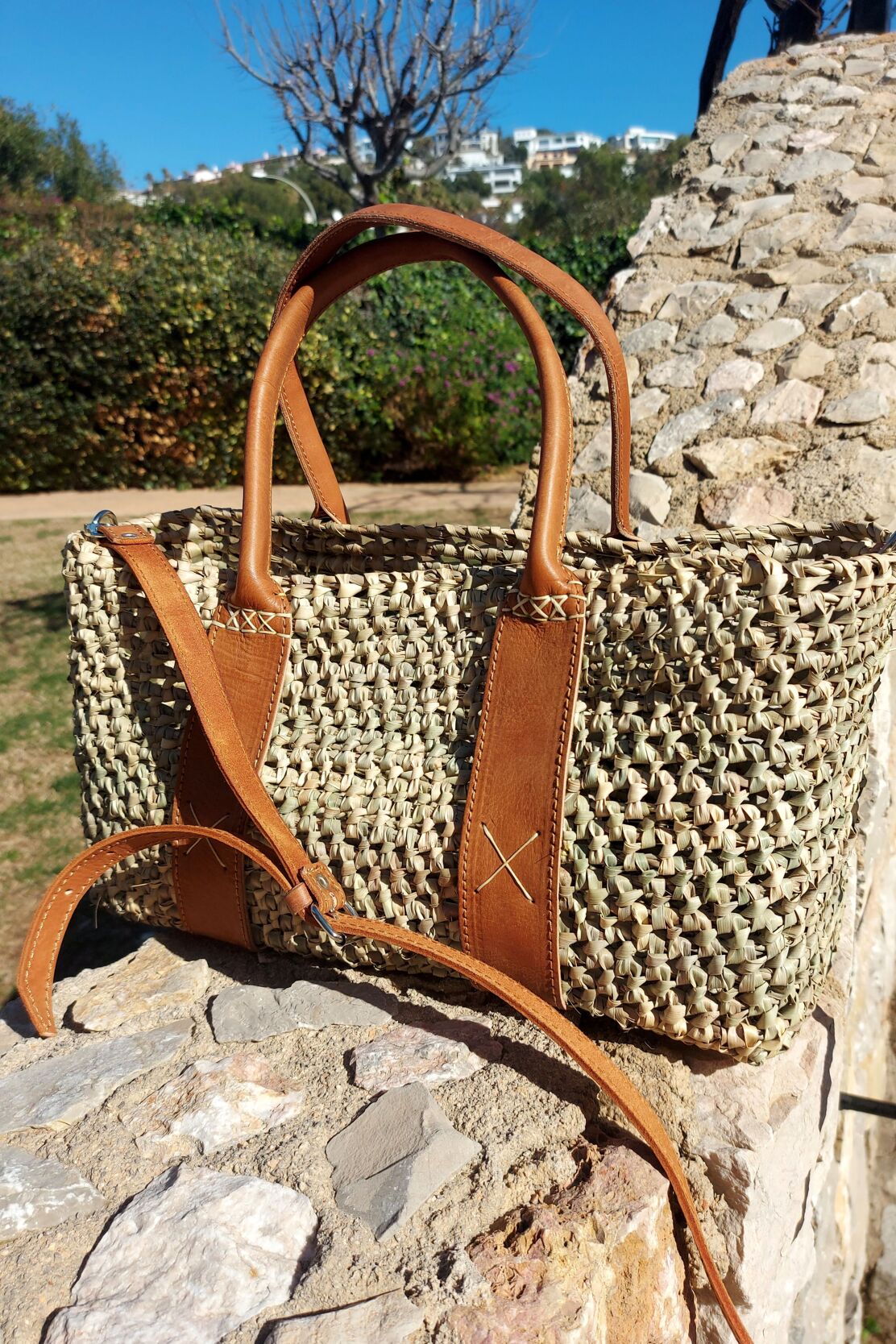 Palm and Leather Basket 44 x 20 x 44cm