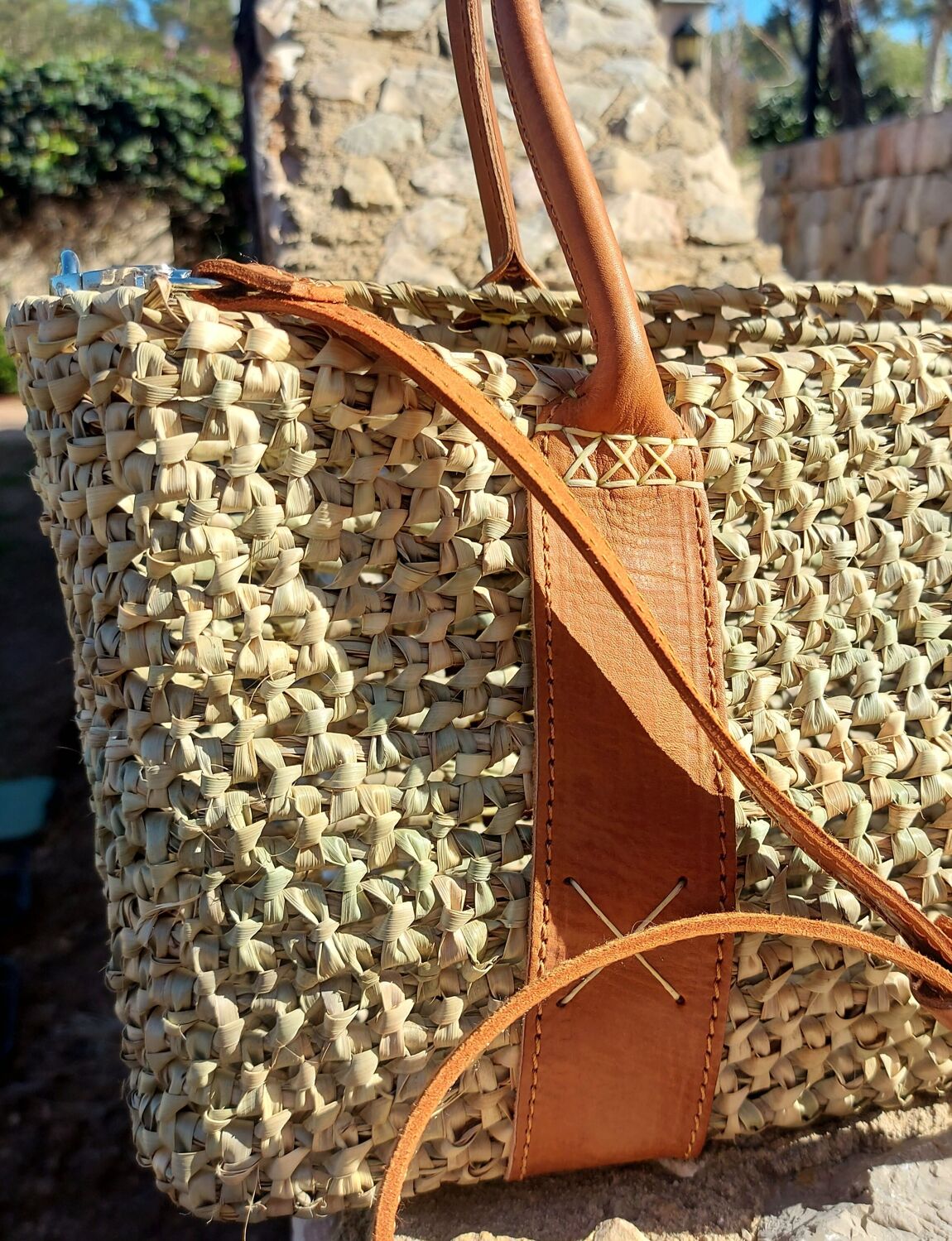 Palm and Leather Basket 44 x 20 x 44cm