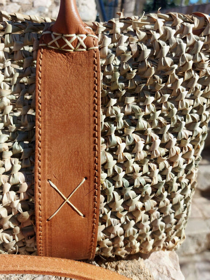 Palm and Leather Basket 44 x 20 x 44cm