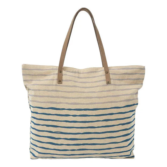 Striped Cotton Tote with Leather handles