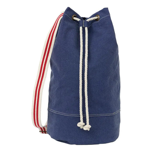 Blue sailor style duffle bag with adjustable drawstring closure