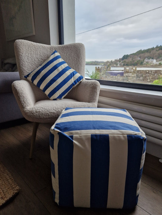 Batela Blue-White Striped Pouffe. 50 x 50 x 50cm