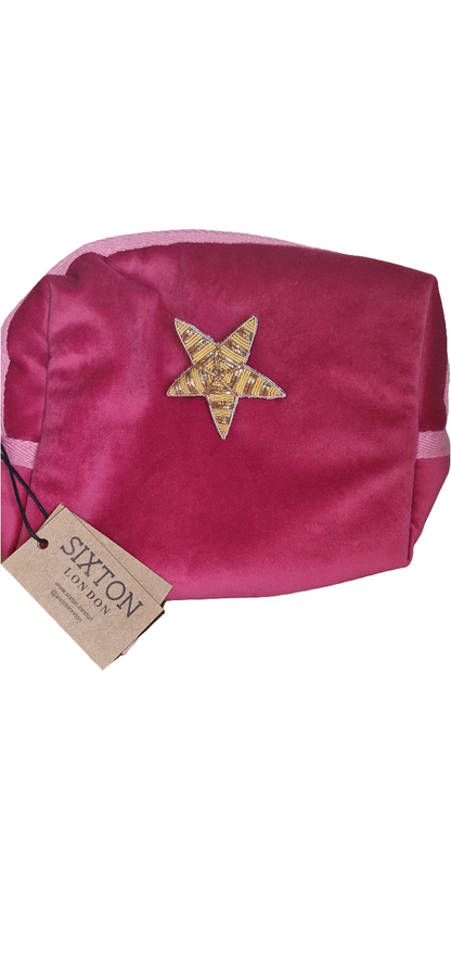 Sixton London Fuchsia make-up bag & gold star pin - recycled velvet