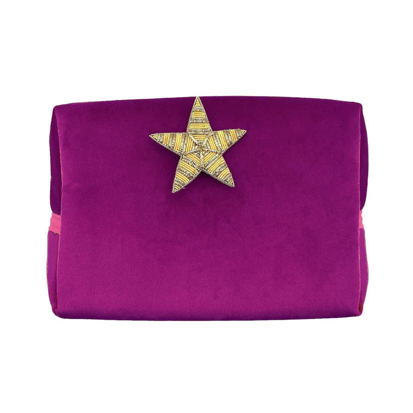 Sixton London Fuchsia make-up bag & gold star pin - recycled velvet