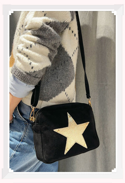 Italian Leather and Suede. Crossbody bag. Leather star Motif. Black. Due Dec 11th.