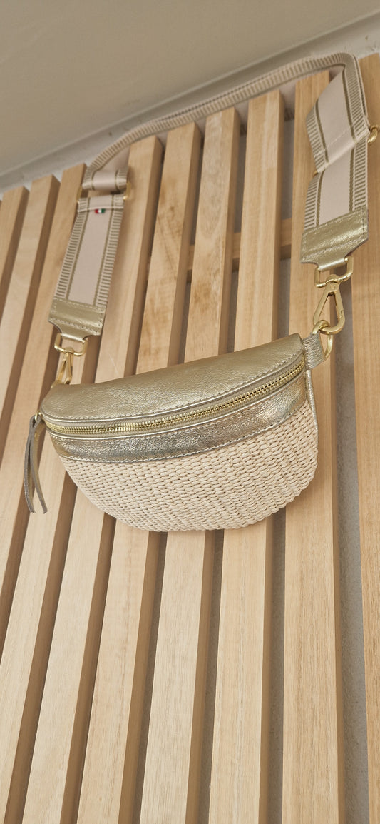 Raffia and Leather Gold Belt Bag.