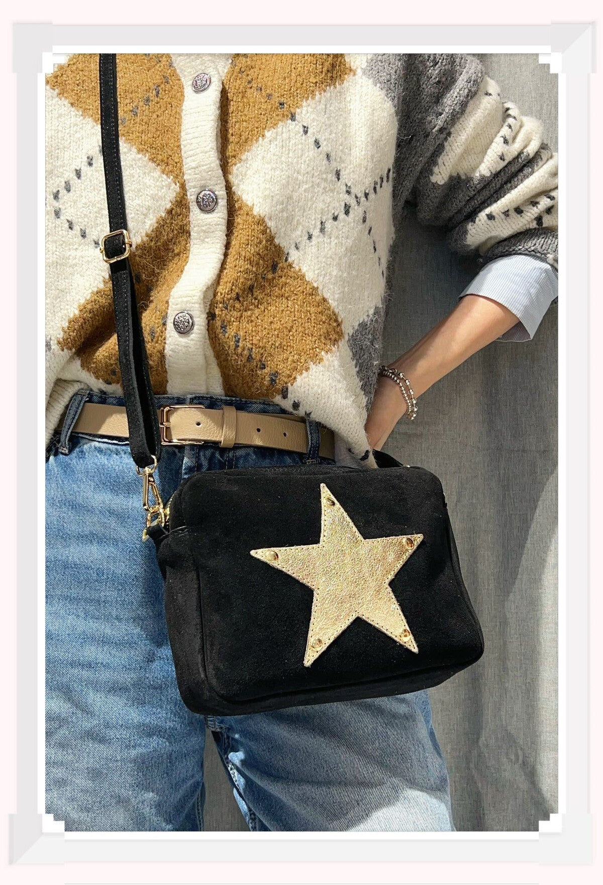 Italian Leather and Suede. Crossbody bag. Leather star Motif. Black. Due Dec 11th.