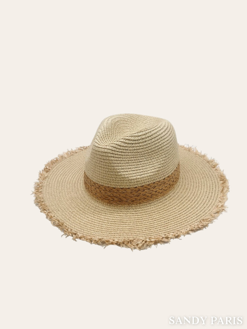 Straw hat with ribbon and raw edge